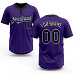 Custom Purple Black Pinstripe Gray Two-Button Unisex Softball Jersey