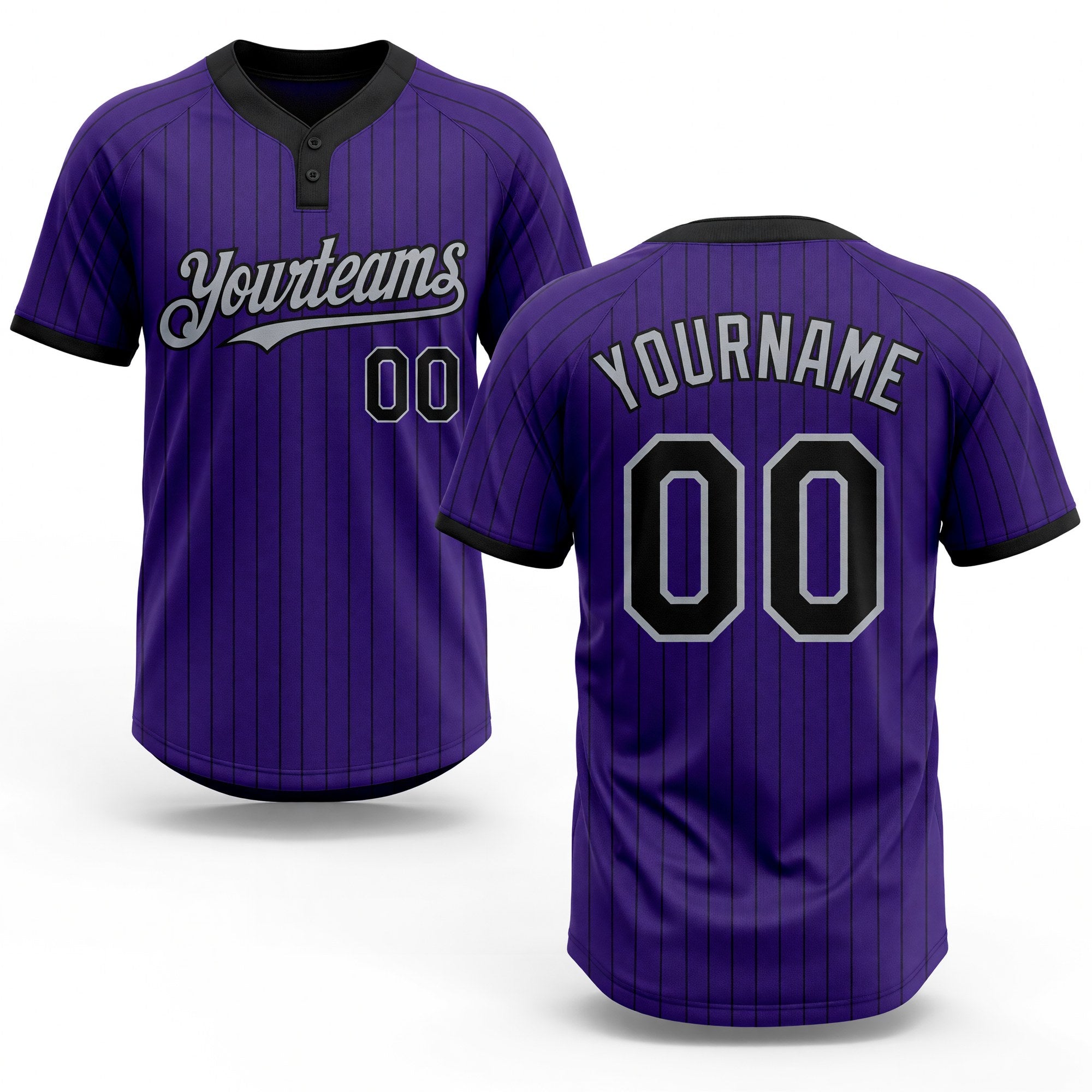 Custom Purple Black Pinstripe Gray Two-Button Unisex Softball Jersey