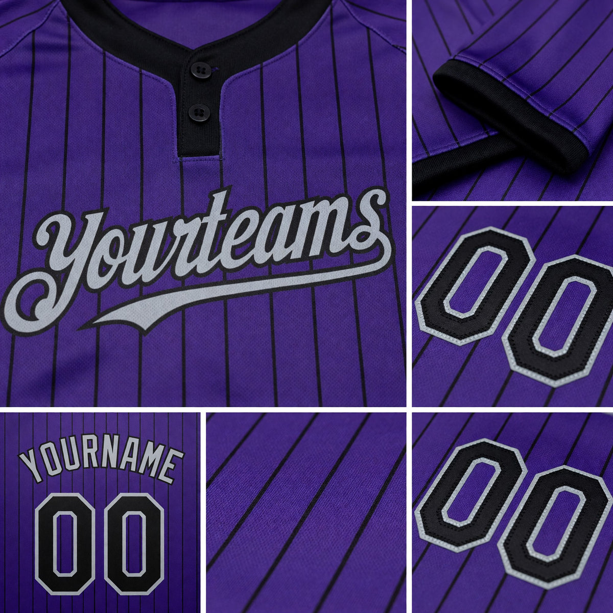 Custom Purple Black Pinstripe Gray Two-Button Unisex Softball Jersey detail