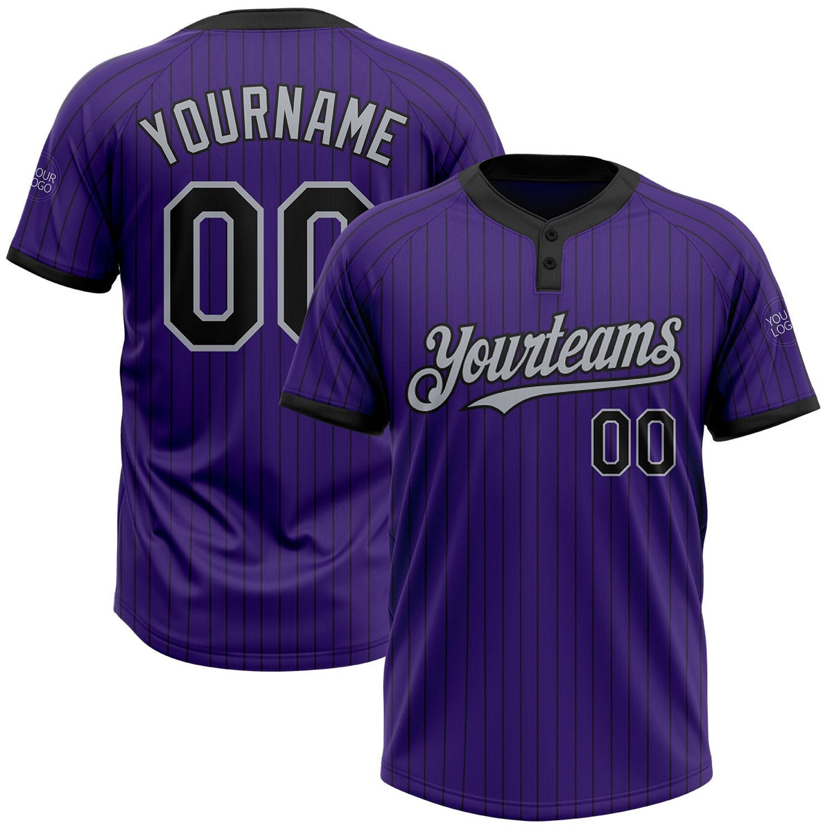 Custom Purple Black Pinstripe Gray Two-Button Unisex Softball Jersey photo 1