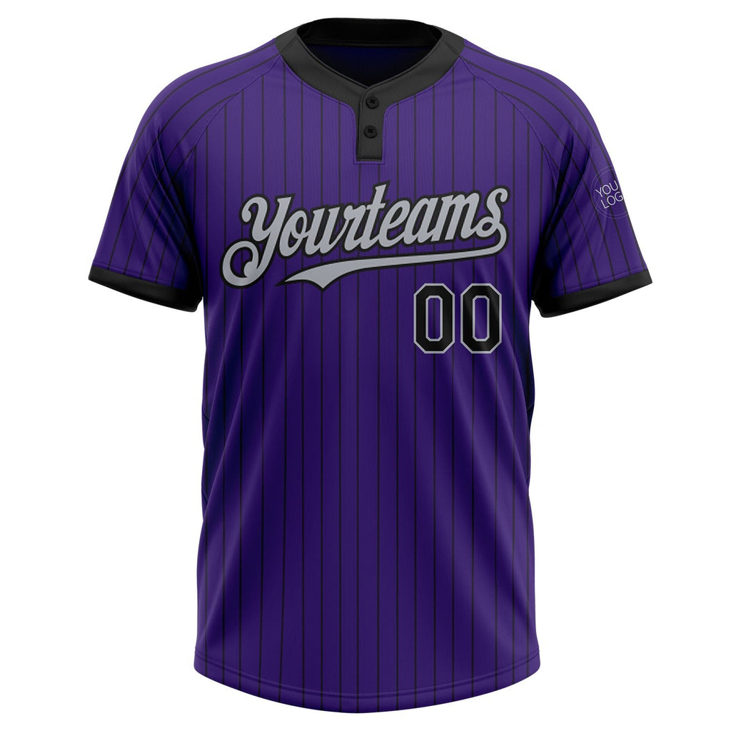 Custom Purple Black Pinstripe Gray Two-Button Unisex Softball Jersey photo 2