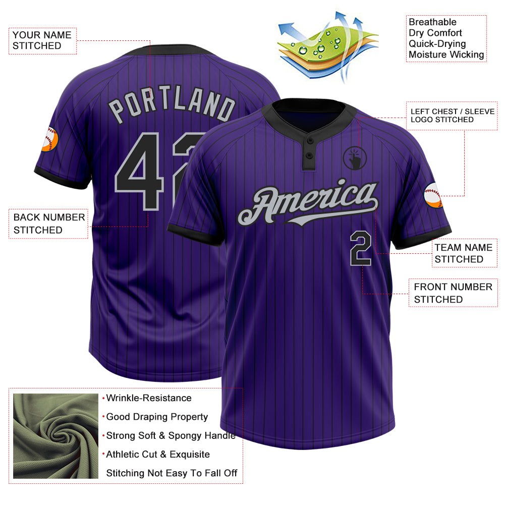 Custom Purple Black Pinstripe Gray Two-Button Unisex Softball Jersey photo 3