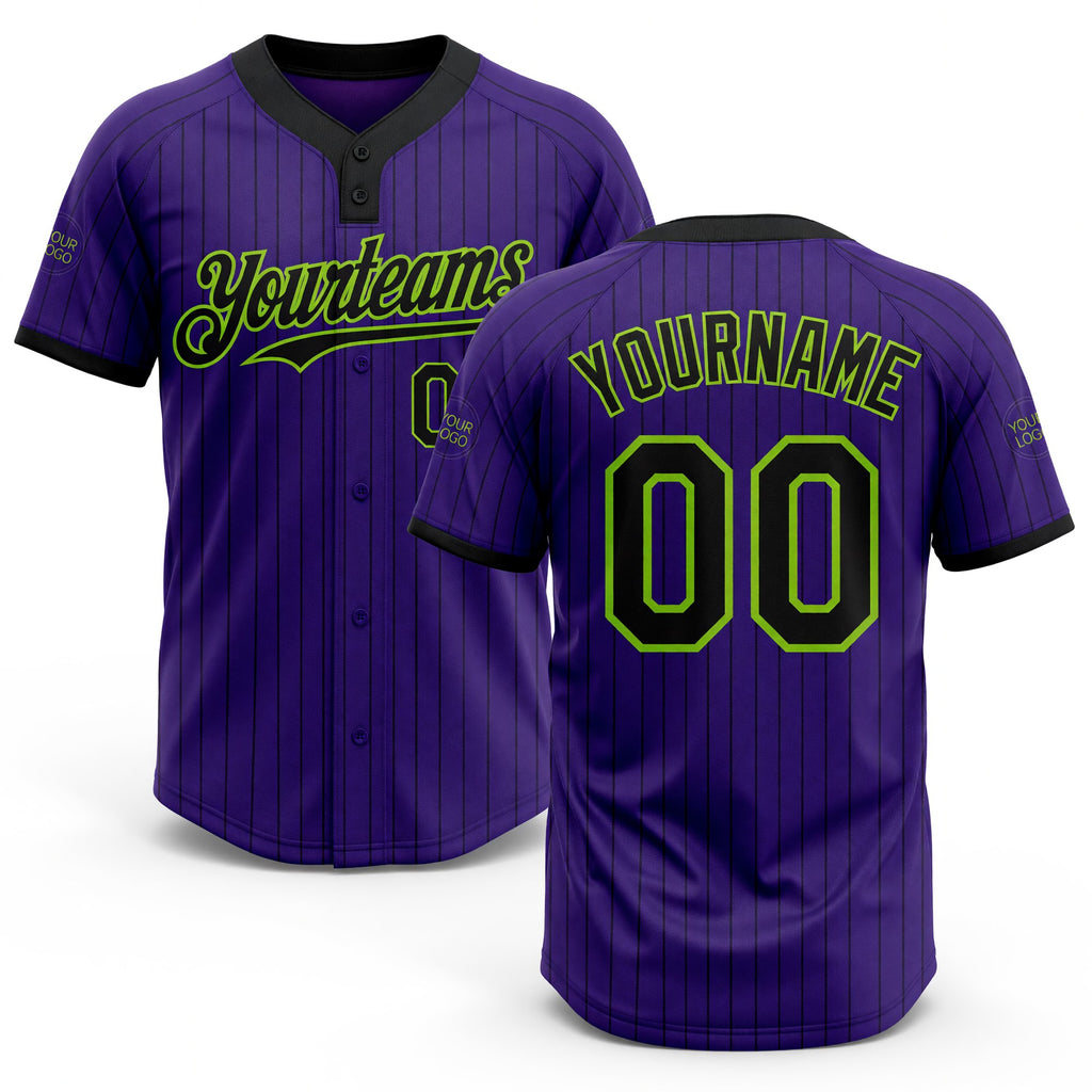 Custom Purple Black Pinstripe Neon Green Two-Button Unisex Softball Jersey