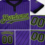 Custom Purple Black Pinstripe Neon Green Two-Button Unisex Softball Jersey detail