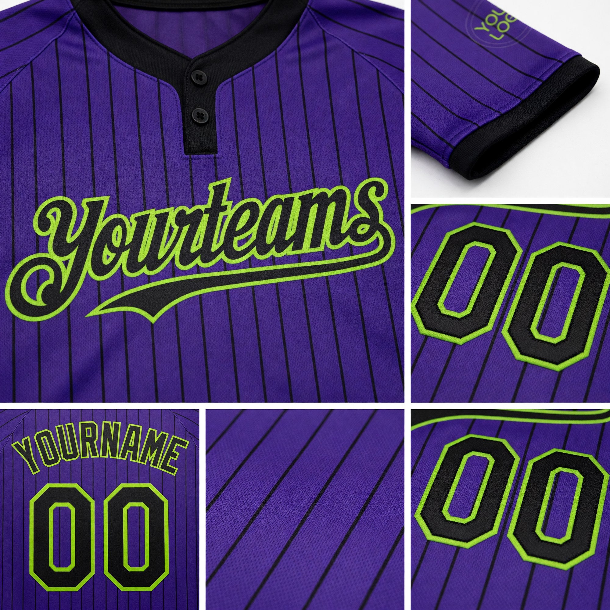 Custom Purple Black Pinstripe Neon Green Two-Button Unisex Softball Jersey detail