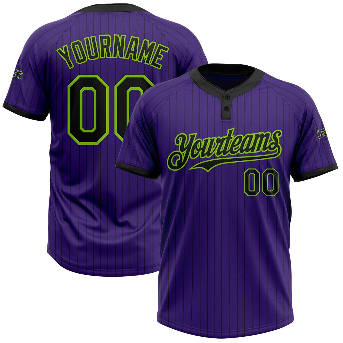 Custom Purple Black Pinstripe Neon Green Two-Button Unisex Softball Jersey photo 1