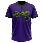 Custom Purple Black Pinstripe Neon Green Two-Button Unisex Softball Jersey photo 2