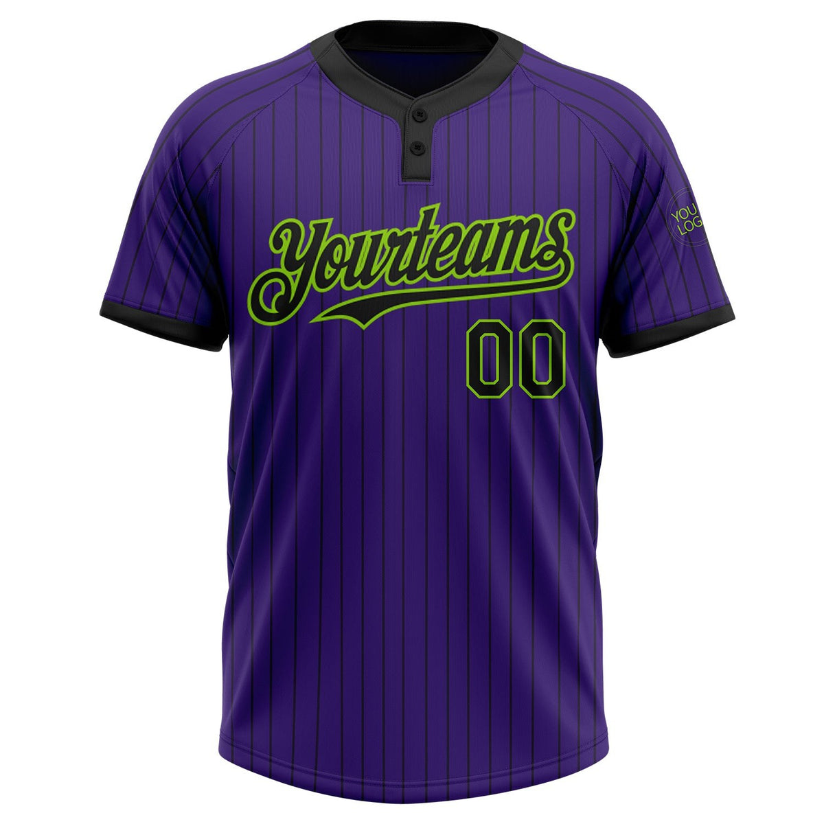 Custom Purple Black Pinstripe Neon Green Two-Button Unisex Softball Jersey photo 2