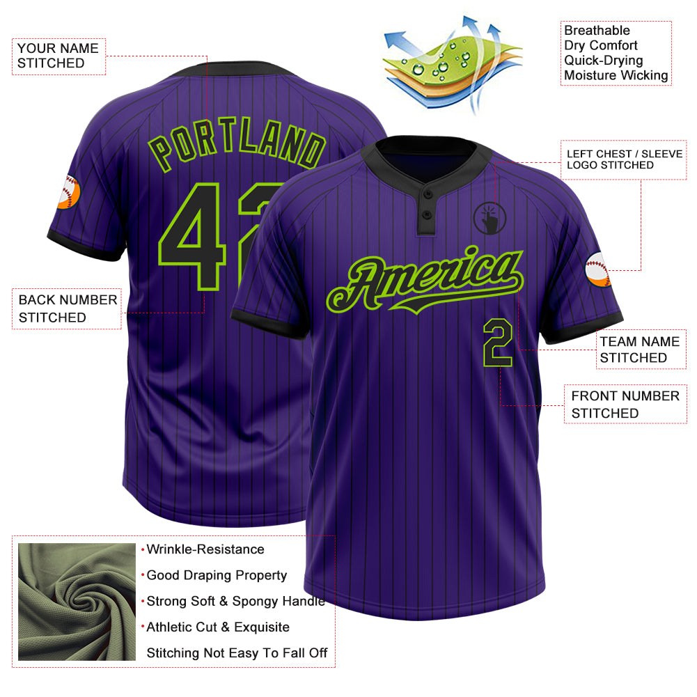 Custom Purple Black Pinstripe Neon Green Two-Button Unisex Softball Jersey photo 3