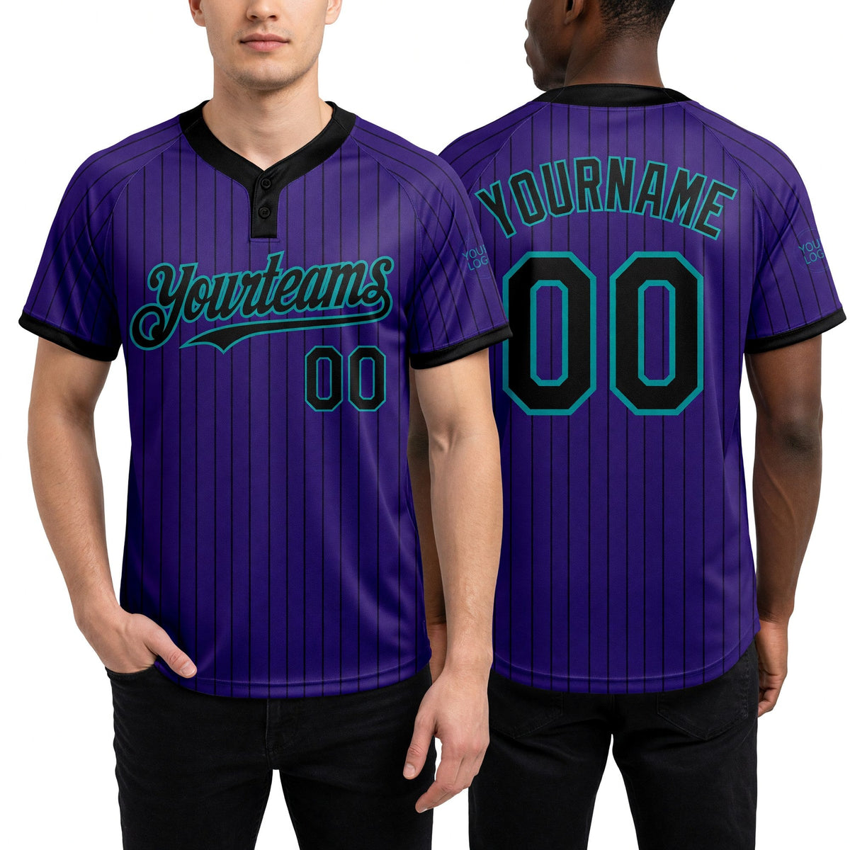 Custom Purple Black Pinstripe Teal Two-Button Unisex Softball Jersey worn front and back