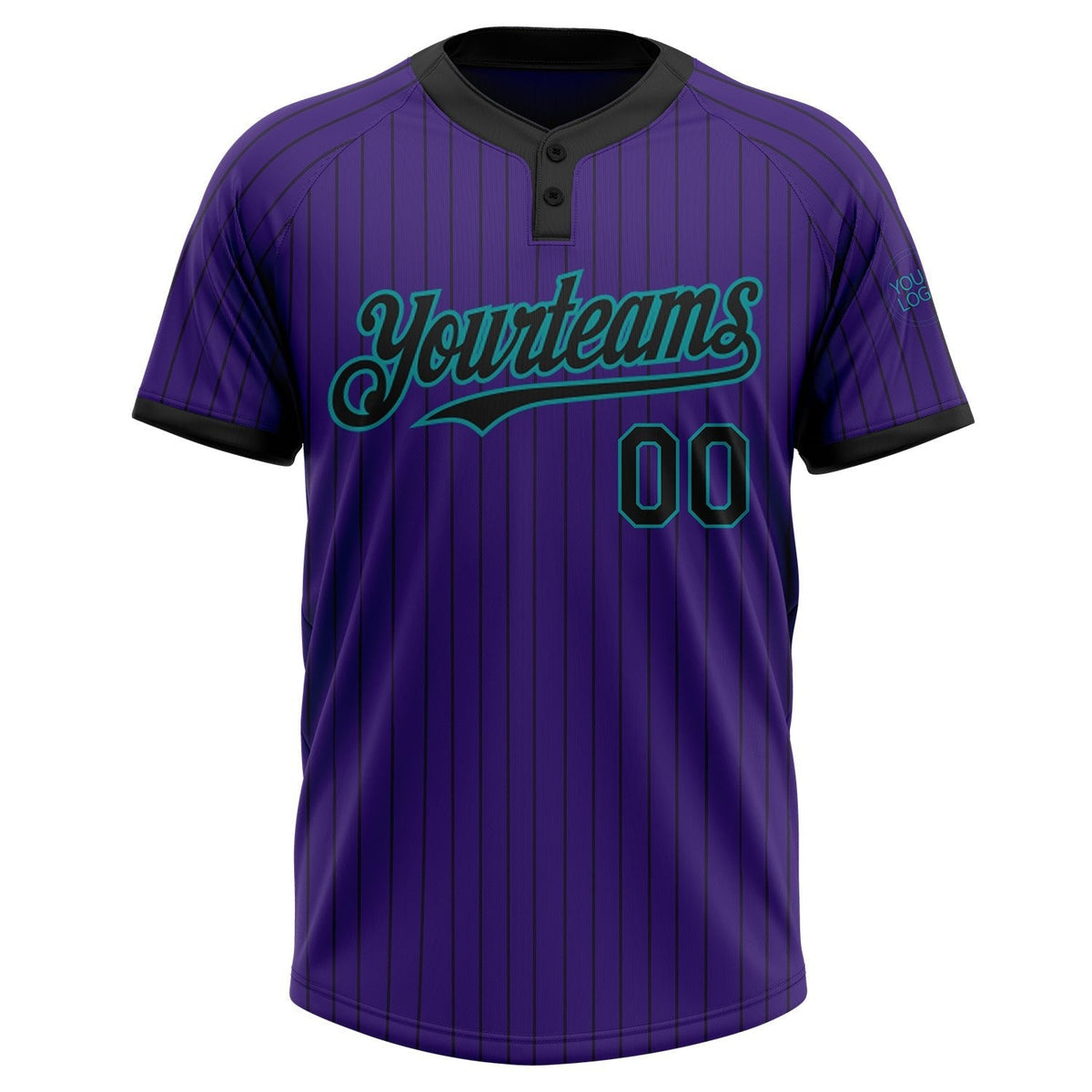 Custom Purple Black Pinstripe Teal Two-Button Unisex Softball Jersey photo 2