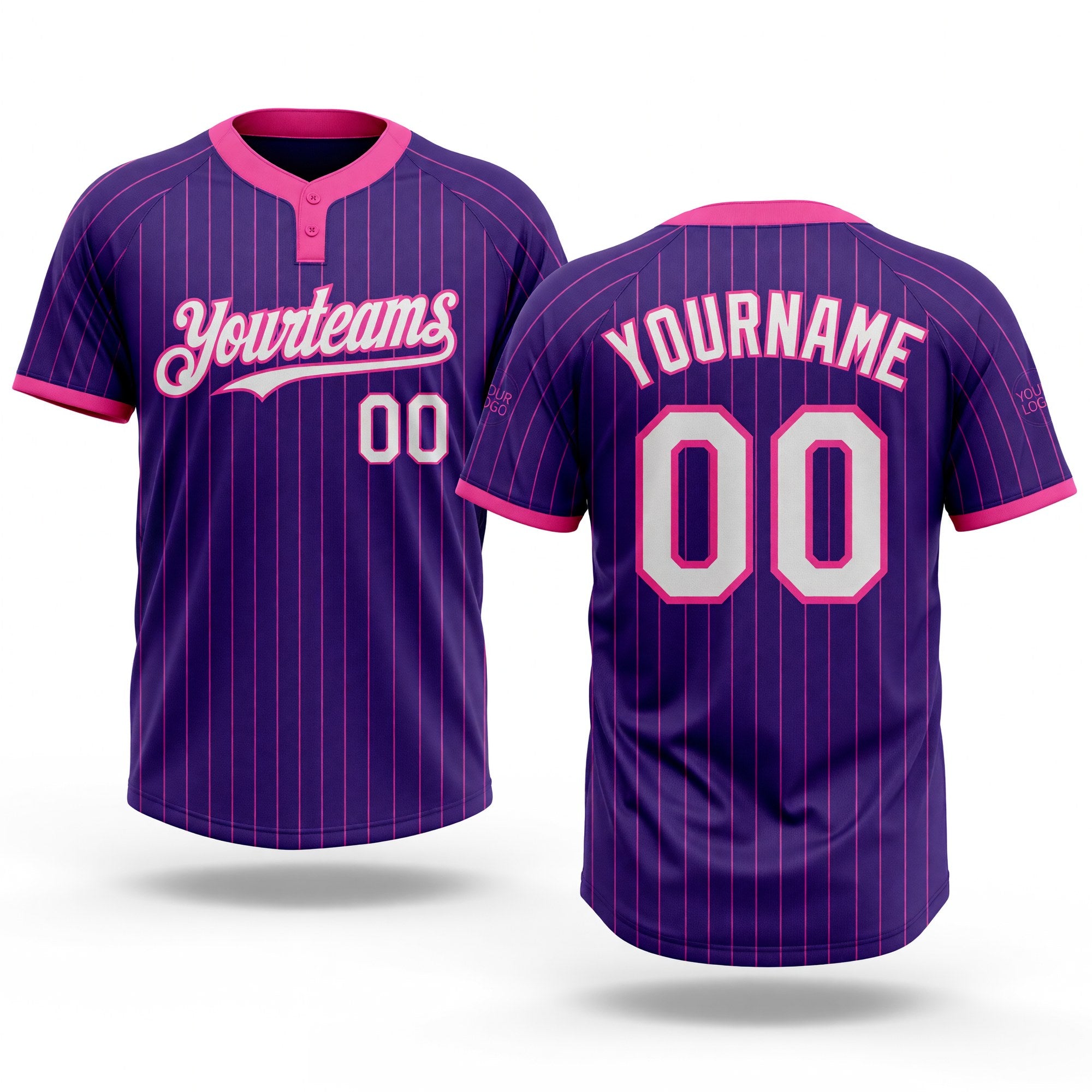 Custom Purple Pink Pinstripe White Two-Button Unisex Softball Jersey