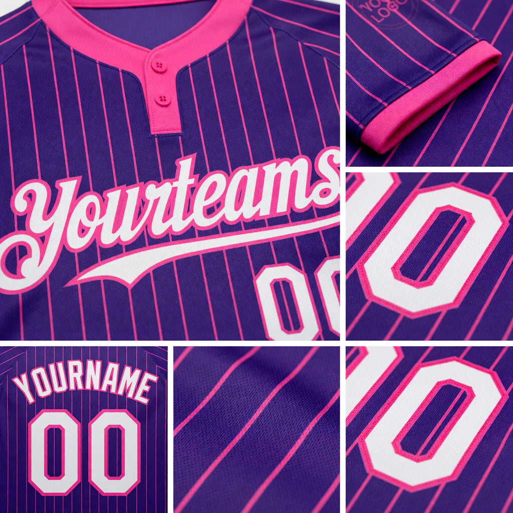 Custom Purple Pink Pinstripe White Two-Button Unisex Softball Jersey detail