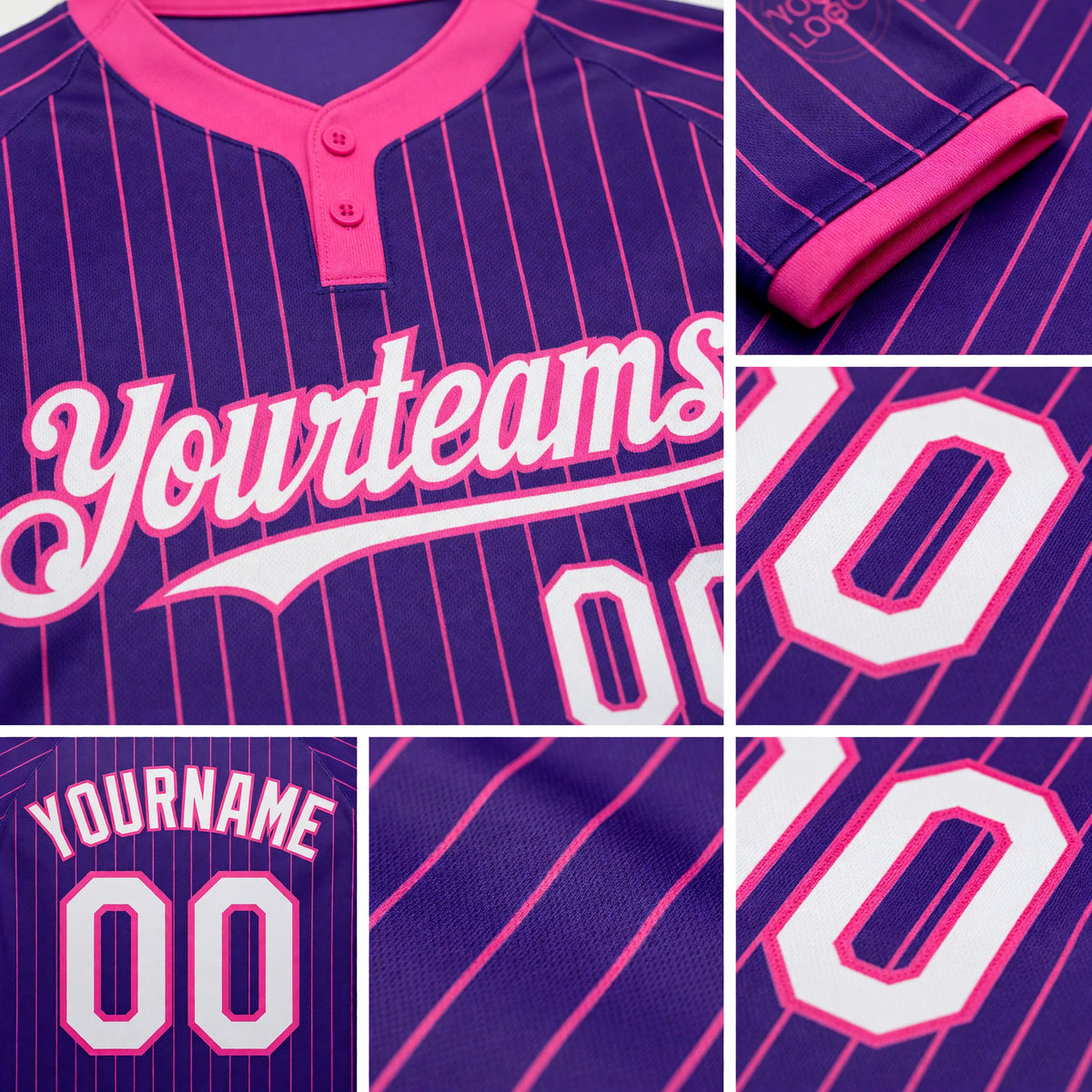 Custom Purple Pink Pinstripe White Two-Button Unisex Softball Jersey detail