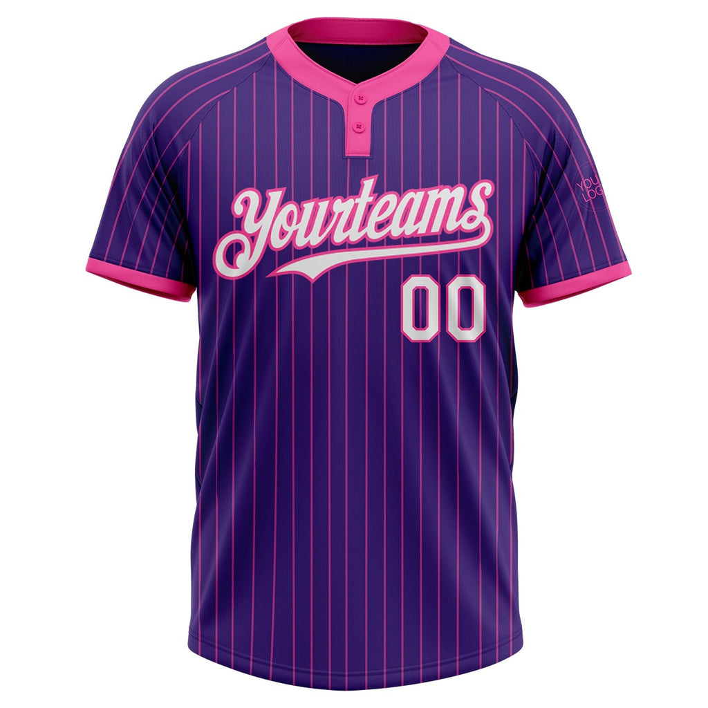 Custom Purple Pink Pinstripe White Two-Button Unisex Softball Jersey photo 2