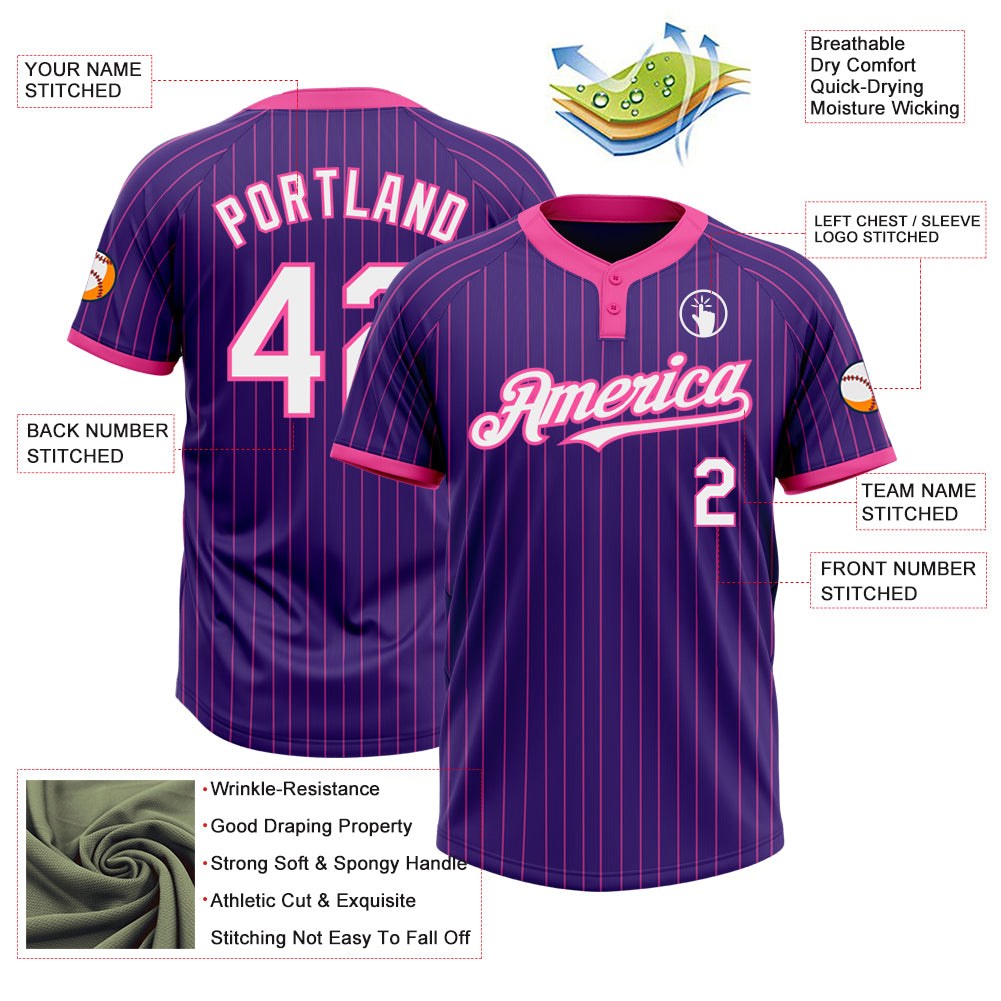 Custom Purple Pink Pinstripe White Two-Button Unisex Softball Jersey photo 3