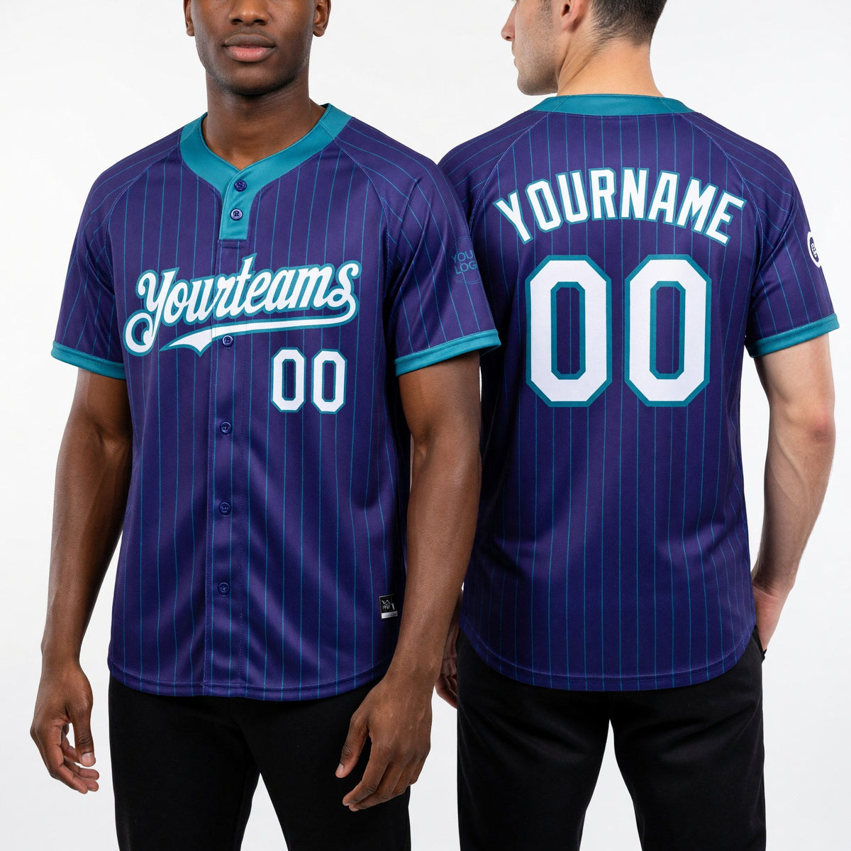 Custom Purple Teal Pinstripe White Two-Button Unisex Softball Jersey worn front and back