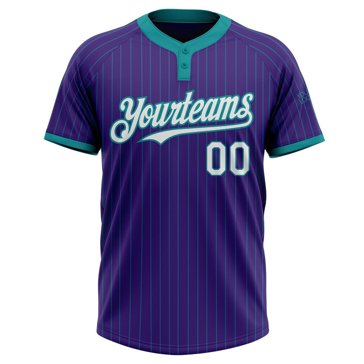 Custom Purple Teal Pinstripe White Two-Button Unisex Softball Jersey photo 2