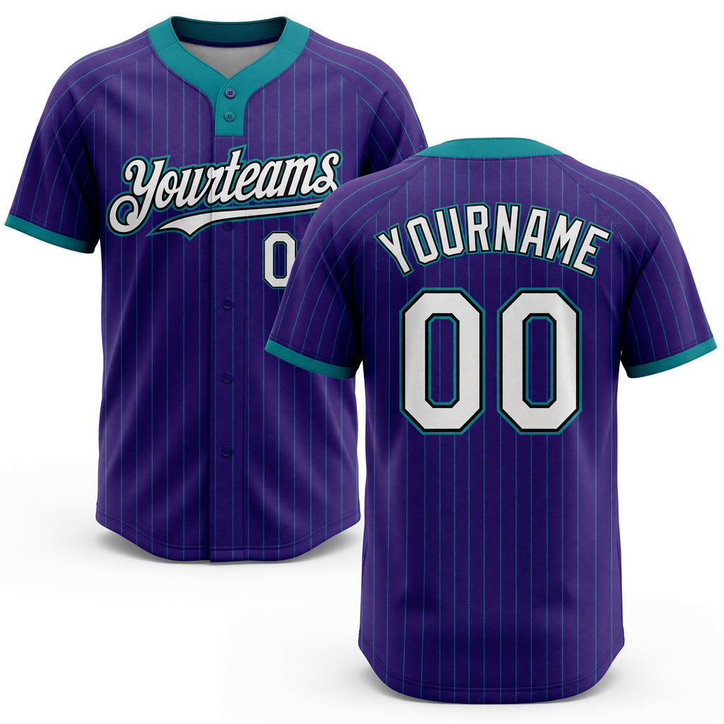 Custom Purple Teal Pinstripe White-Black Two-Button Unisex Softball Jersey