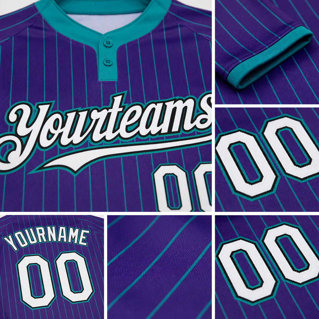 Custom Purple Teal Pinstripe White-Black Two-Button Unisex Softball Jersey detail