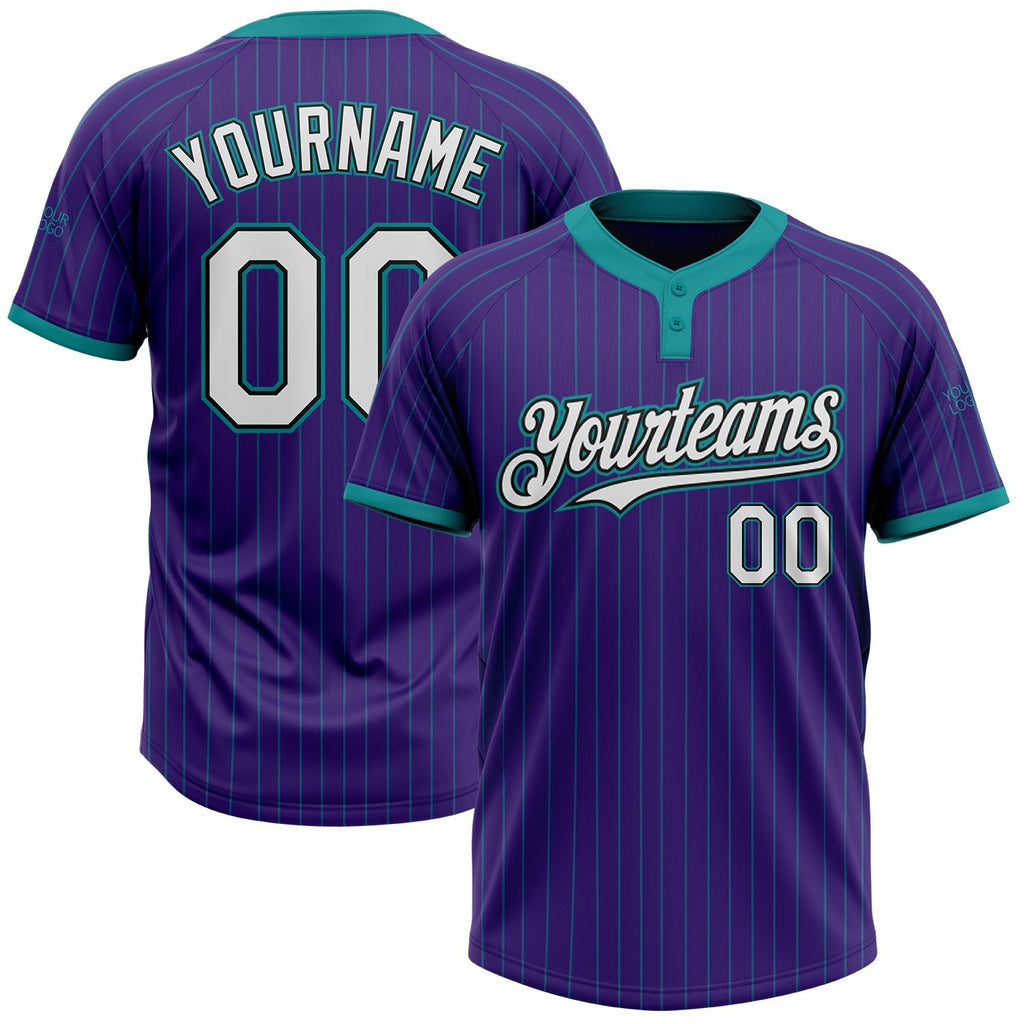 Custom Purple Teal Pinstripe White-Black Two-Button Unisex Softball Jersey photo 1