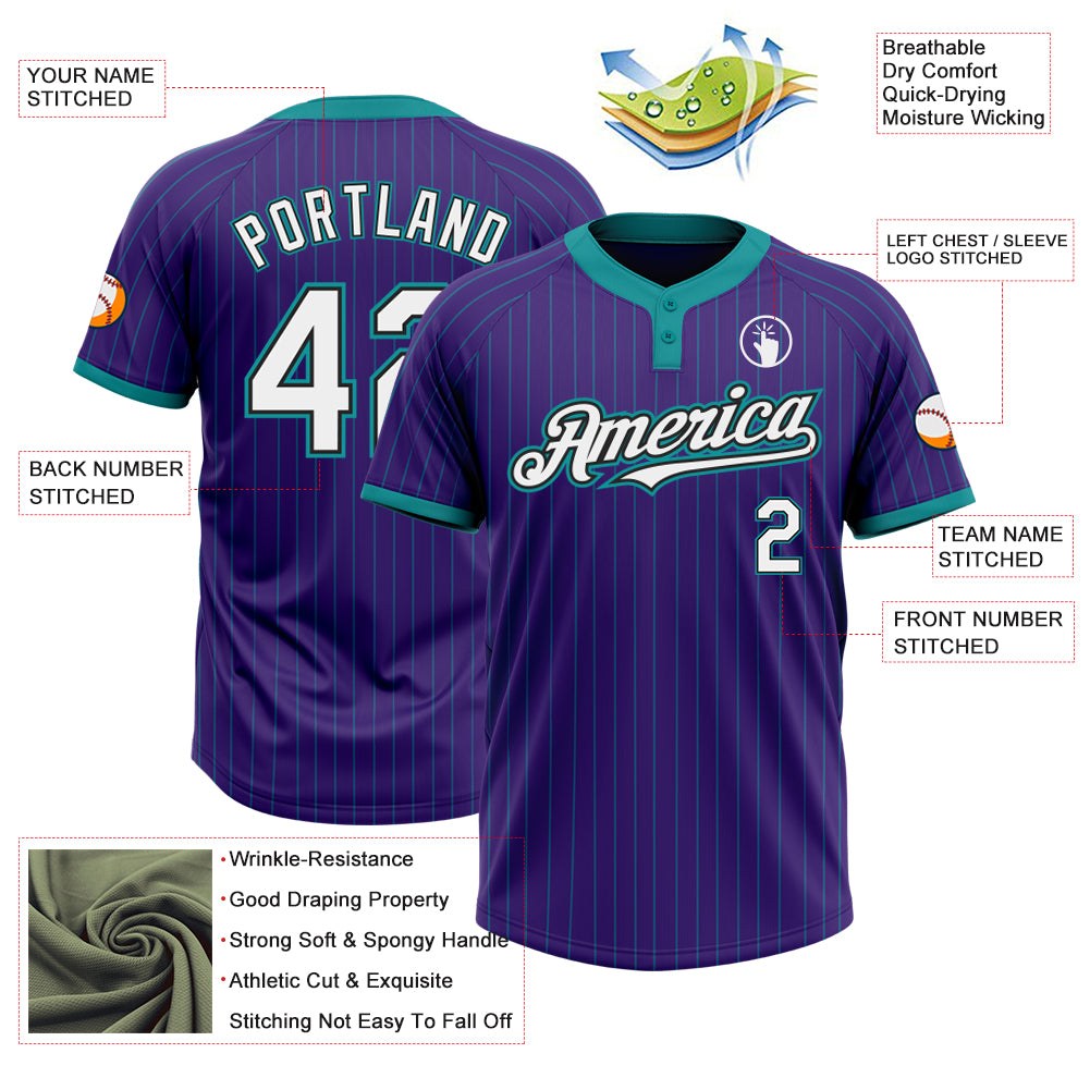 Custom Purple Teal Pinstripe White-Black Two-Button Unisex Softball Jersey photo 3