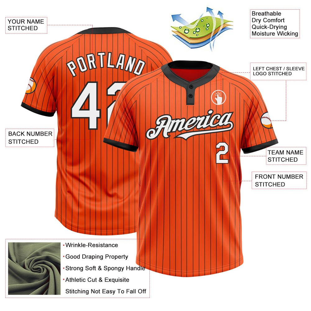 Custom Orange Black Pinstripe White Two-Button Unisex Softball Jersey photo 3