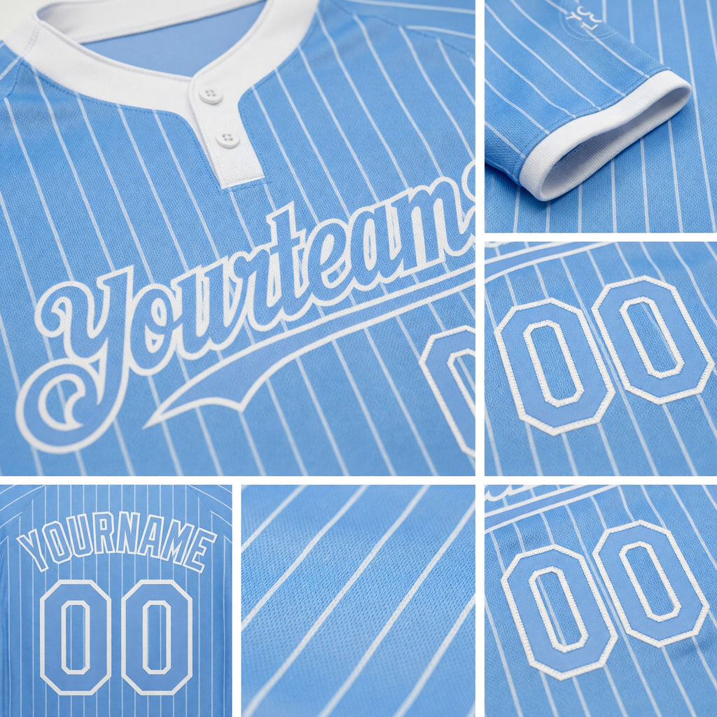 Custom Light Blue White Pinstripe White Two-Button Unisex Softball Jersey detail