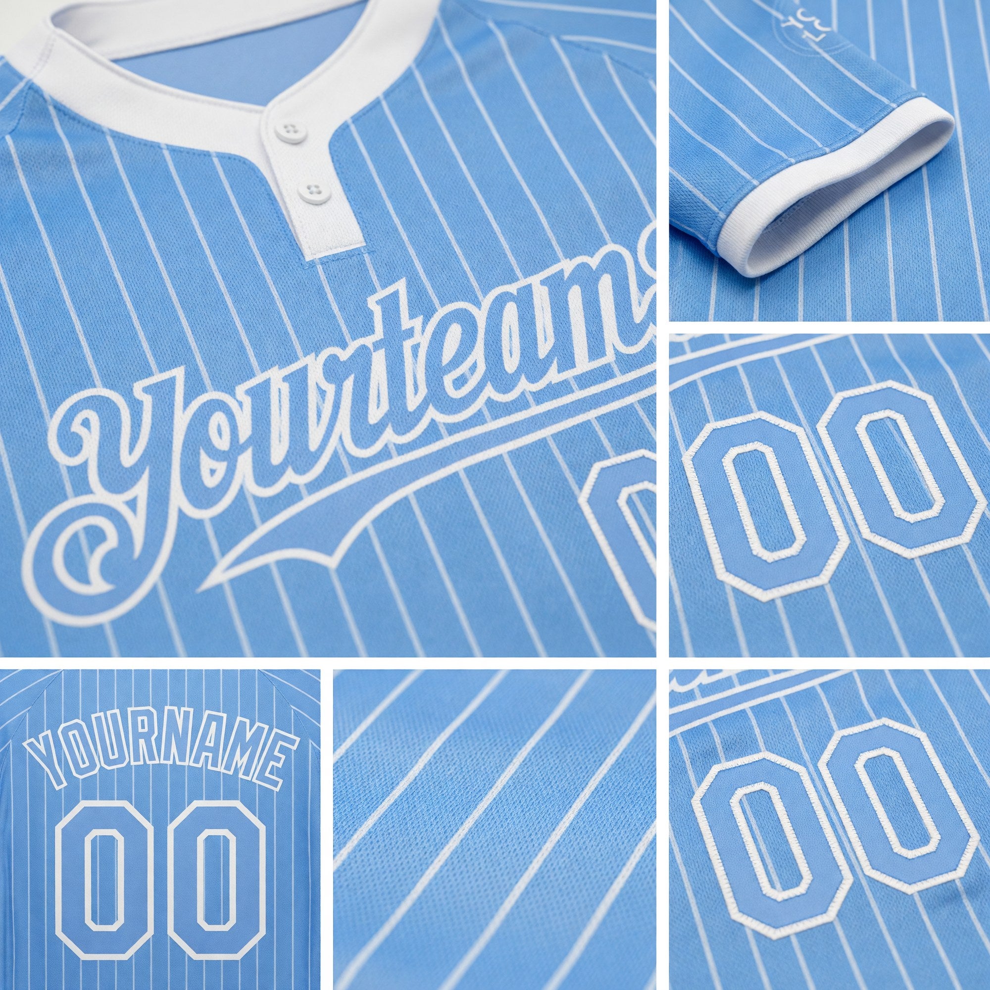 Custom Light Blue White Pinstripe White Two-Button Unisex Softball Jersey detail