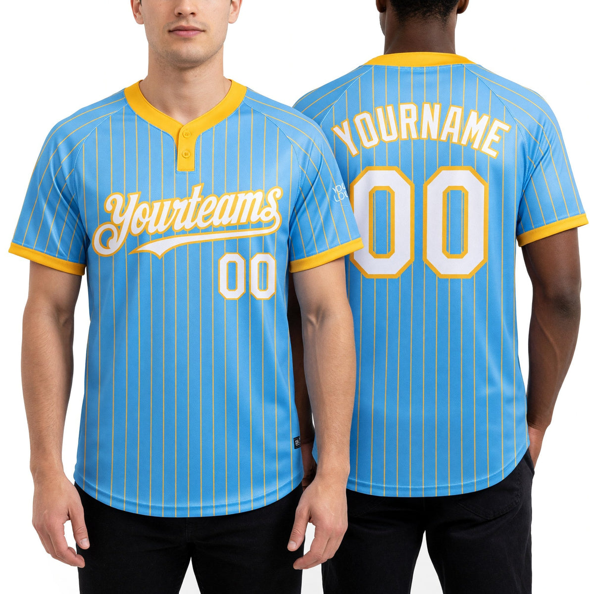 Custom Light Blue Yellow Pinstripe White Two-Button Unisex Softball Jersey worn front and back