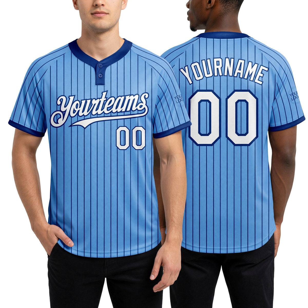 Custom Light Blue Royal Pinstripe White Two-Button Unisex Softball Jersey worn front and back