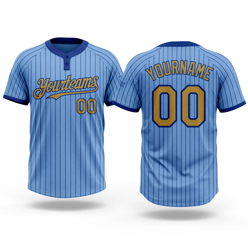 Custom Light Blue Royal Pinstripe Old Gold Two-Button Unisex Softball Jersey
