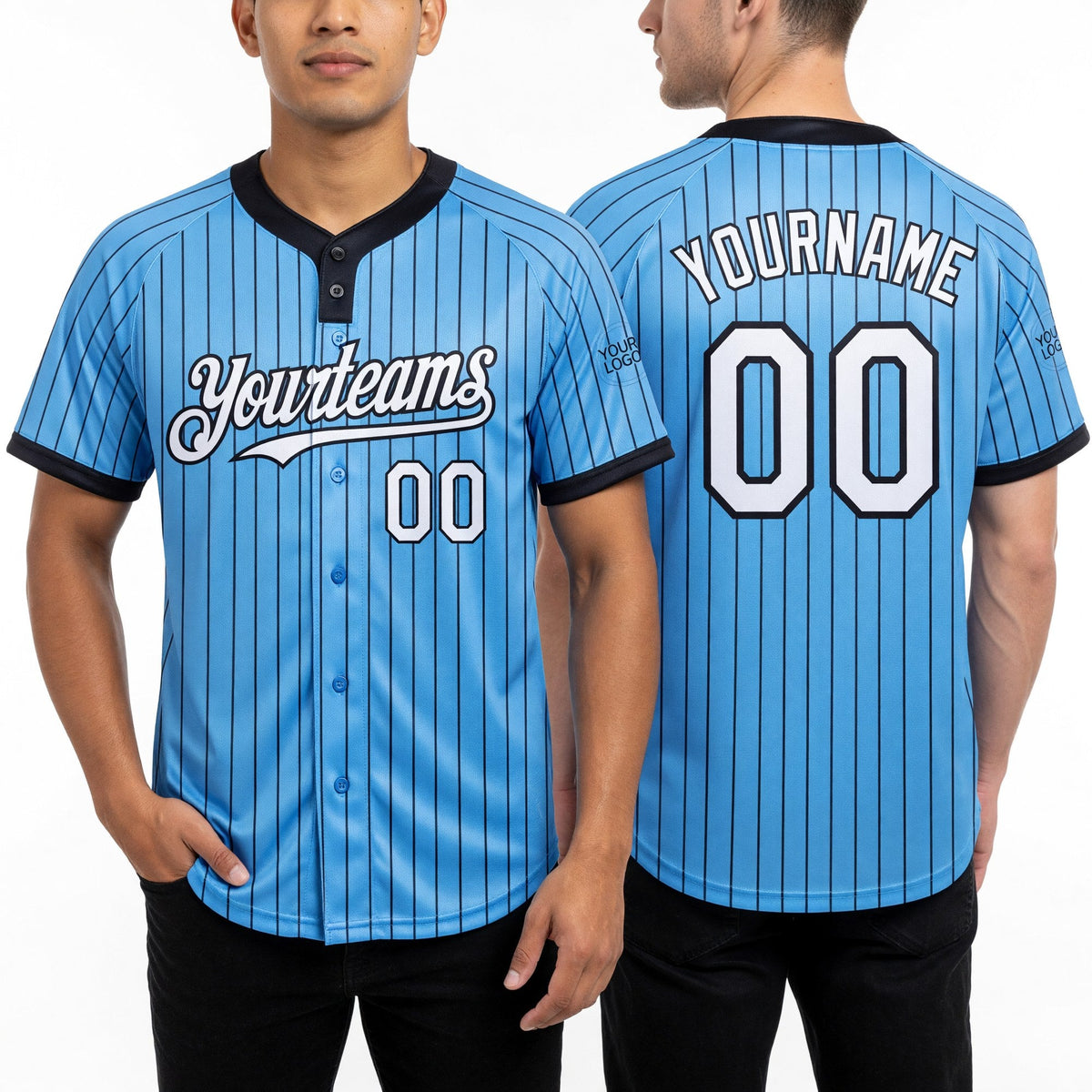 Custom Light Blue Black Pinstripe White Two-Button Unisex Softball Jersey worn front and back