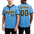 Custom Light Blue Black Pinstripe Gold Two-Button Unisex Softball Jersey worn front and back