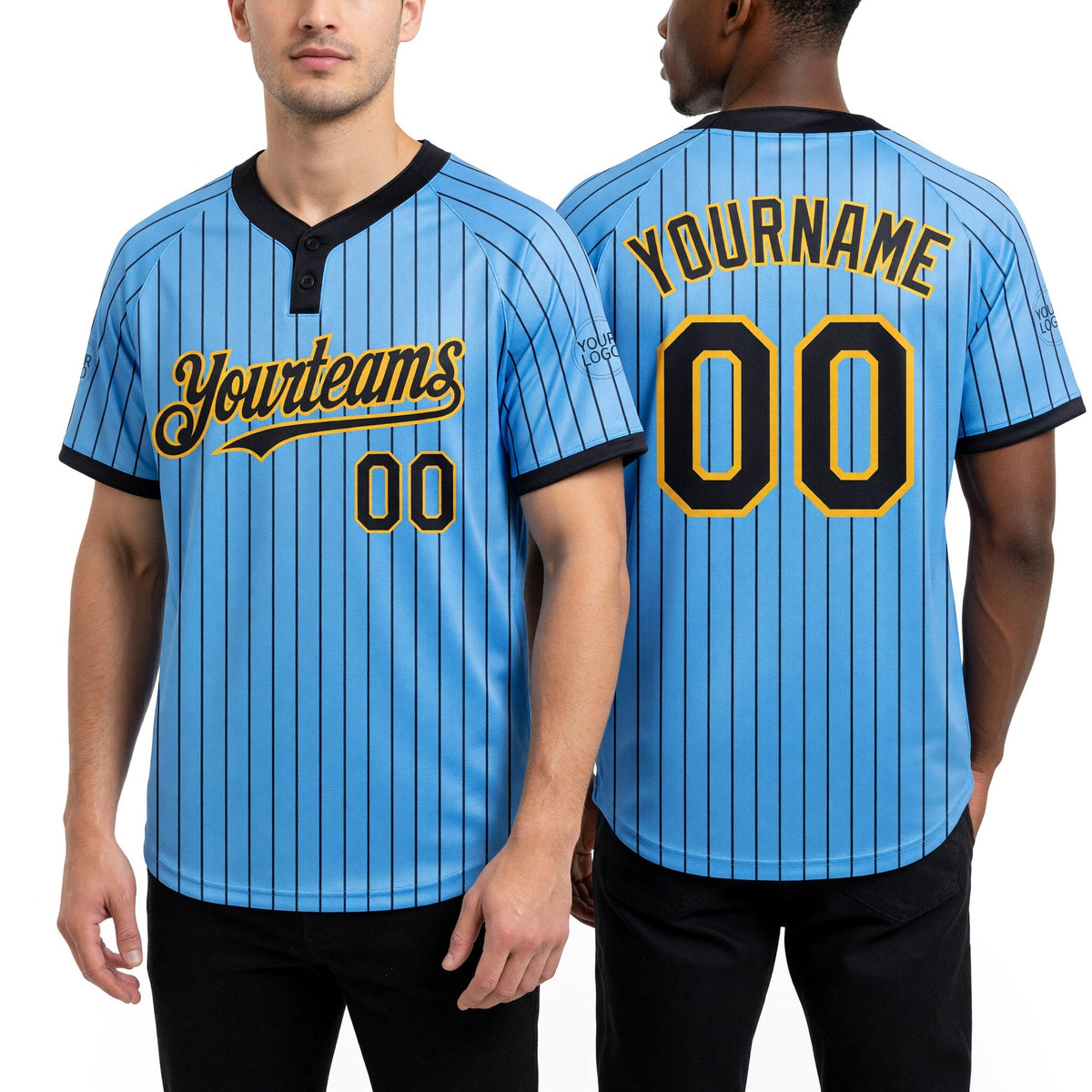 Custom Light Blue Black Pinstripe Gold Two-Button Unisex Softball Jersey worn front and back