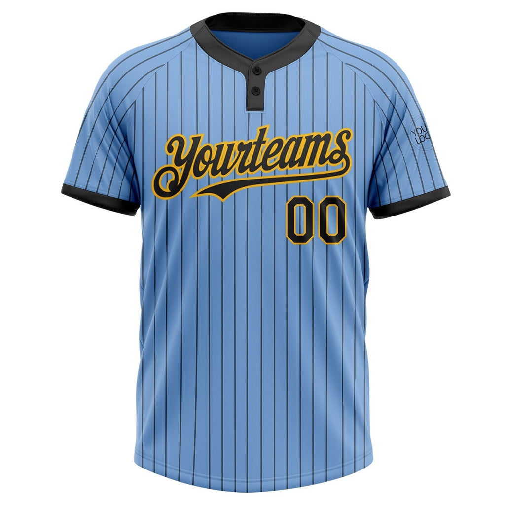 Custom Light Blue Black Pinstripe Gold Two-Button Unisex Softball Jersey photo 2
