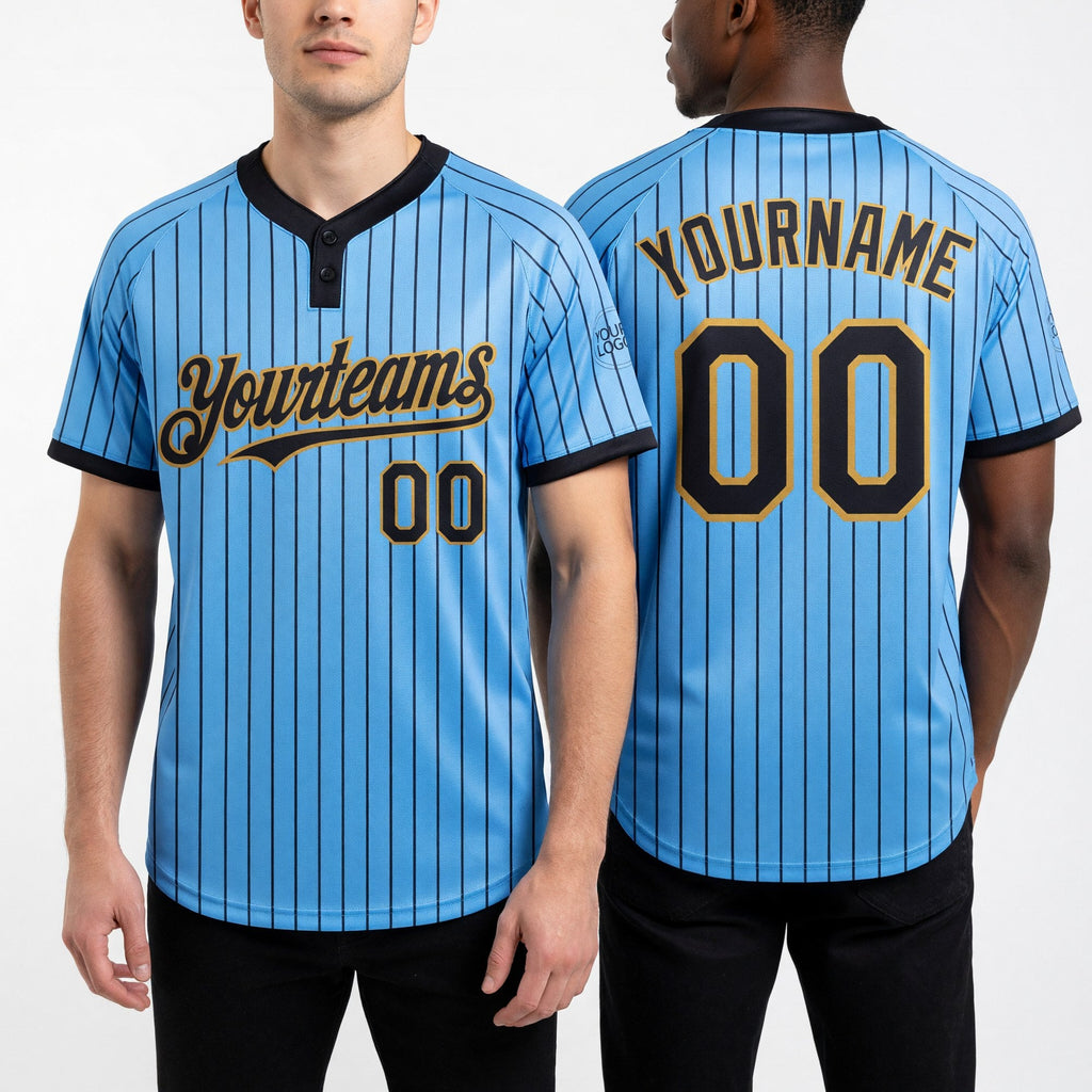 Custom Light Blue Black Pinstripe Old Gold Two-Button Unisex Softball Jersey worn front and back