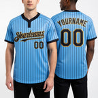 Custom Light Blue Black Pinstripe Old Gold Two-Button Unisex Softball Jersey worn front and back