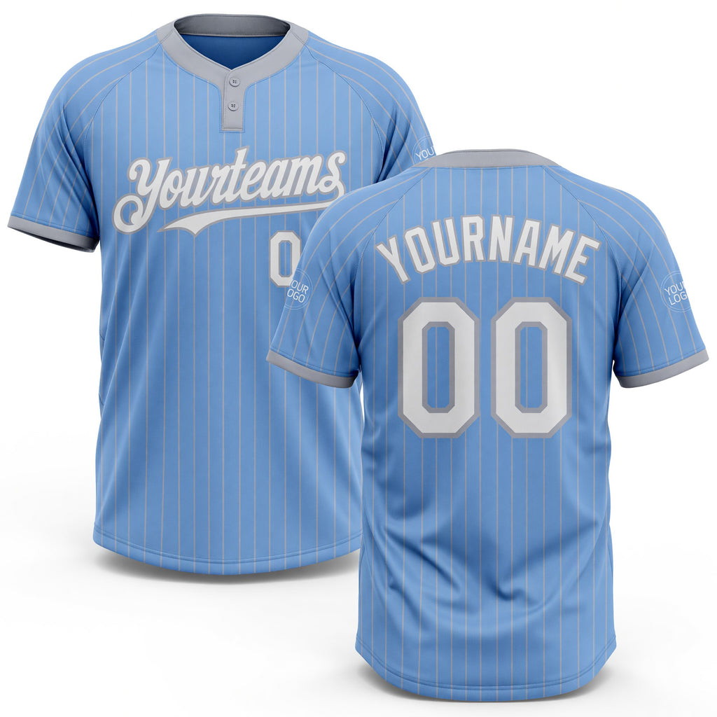 Custom Light Blue Gray Pinstripe White Two-Button Unisex Softball Jersey