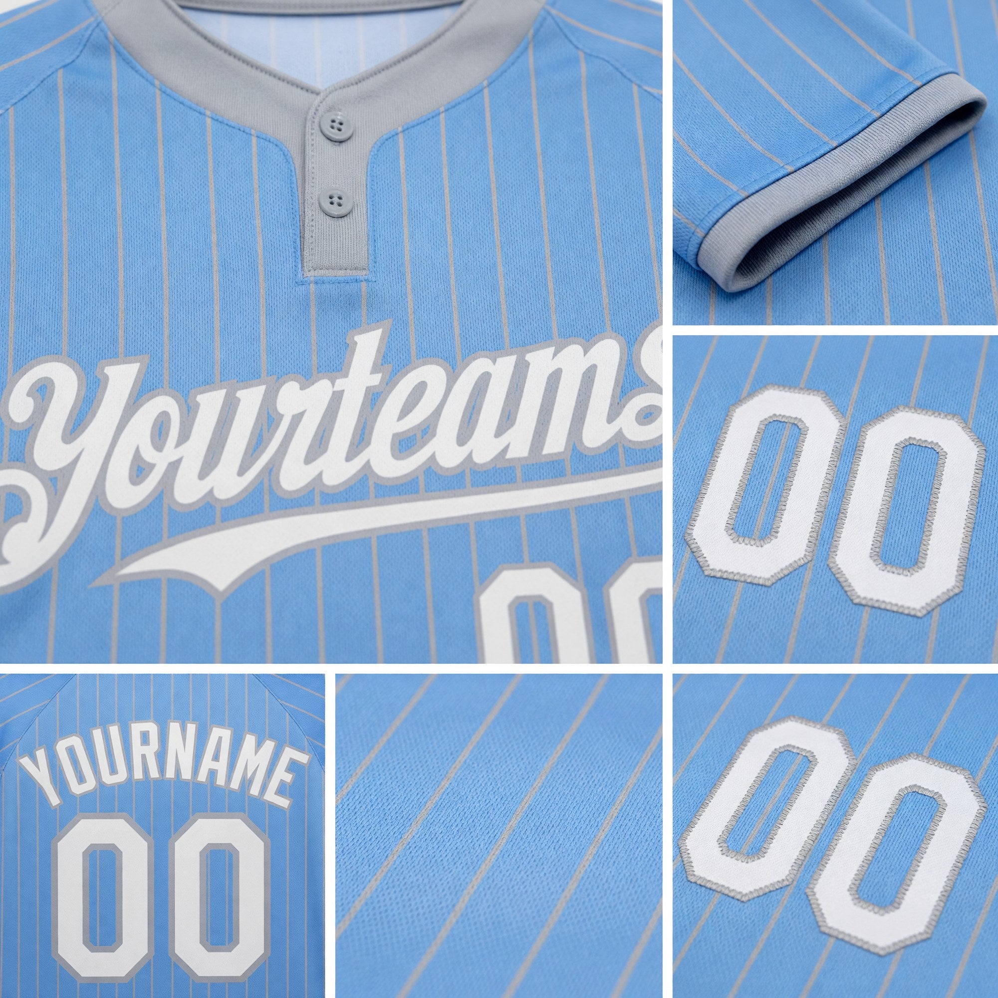 Custom Light Blue Gray Pinstripe White Two-Button Unisex Softball Jersey detail