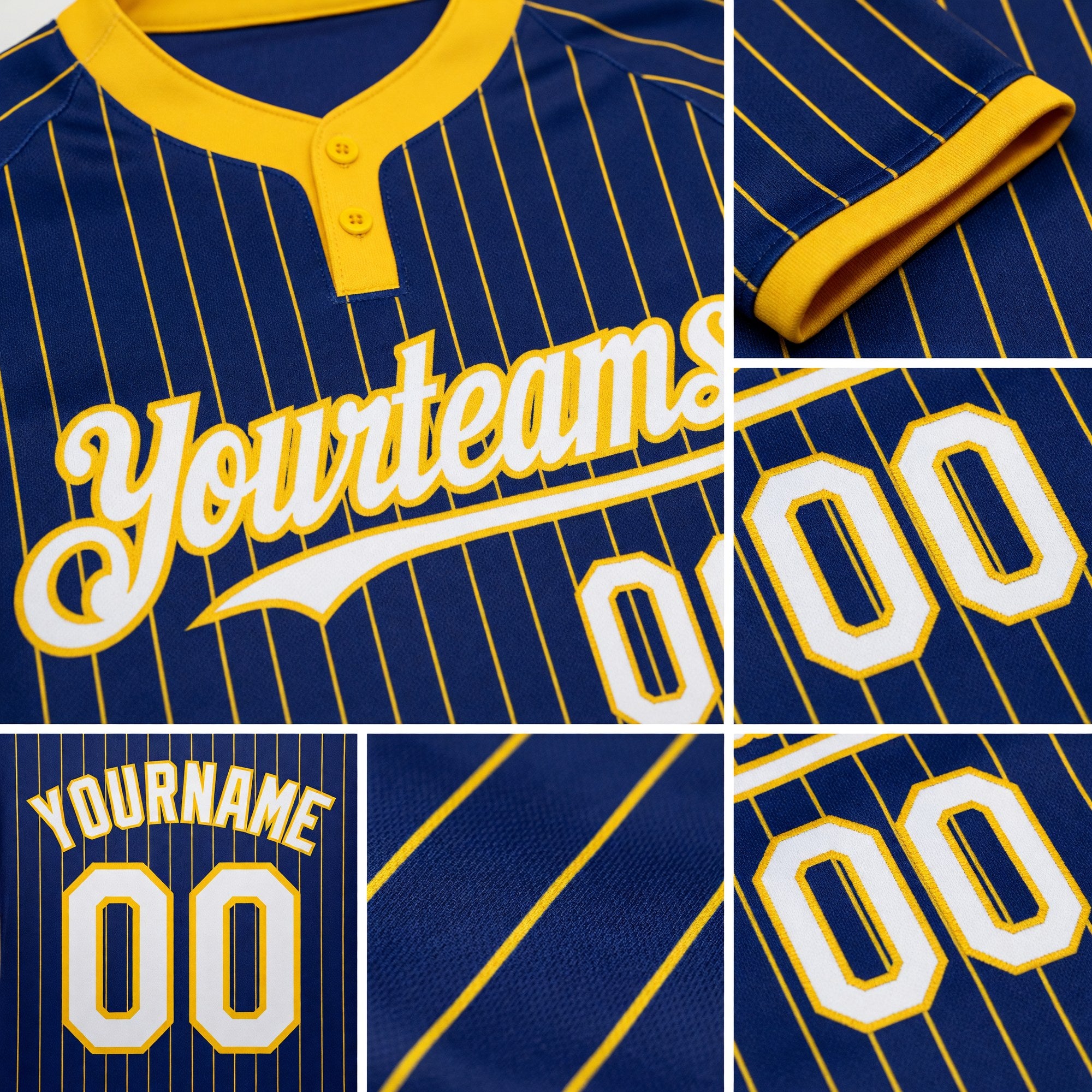 Custom Royal Yellow Pinstripe White Two-Button Unisex Softball Jersey detail