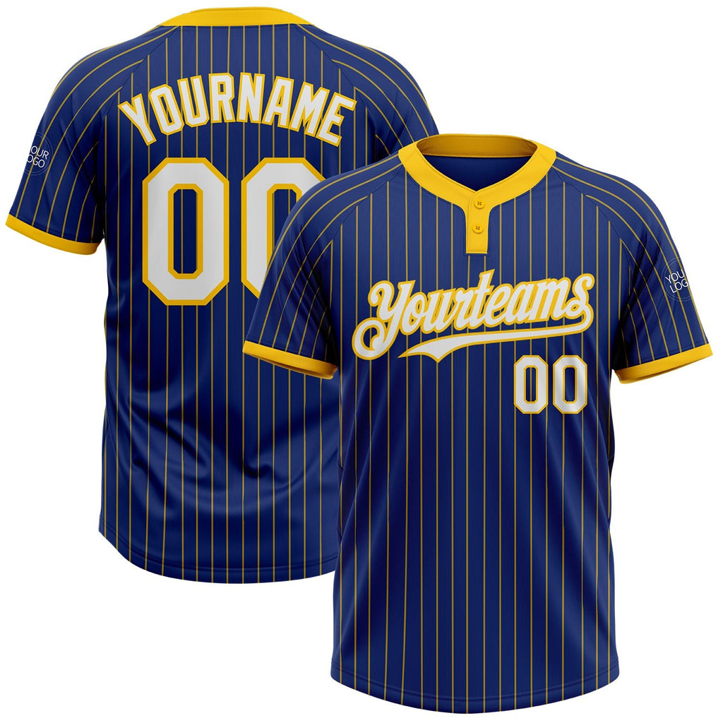 Custom Royal Yellow Pinstripe White Two-Button Unisex Softball Jersey photo 1