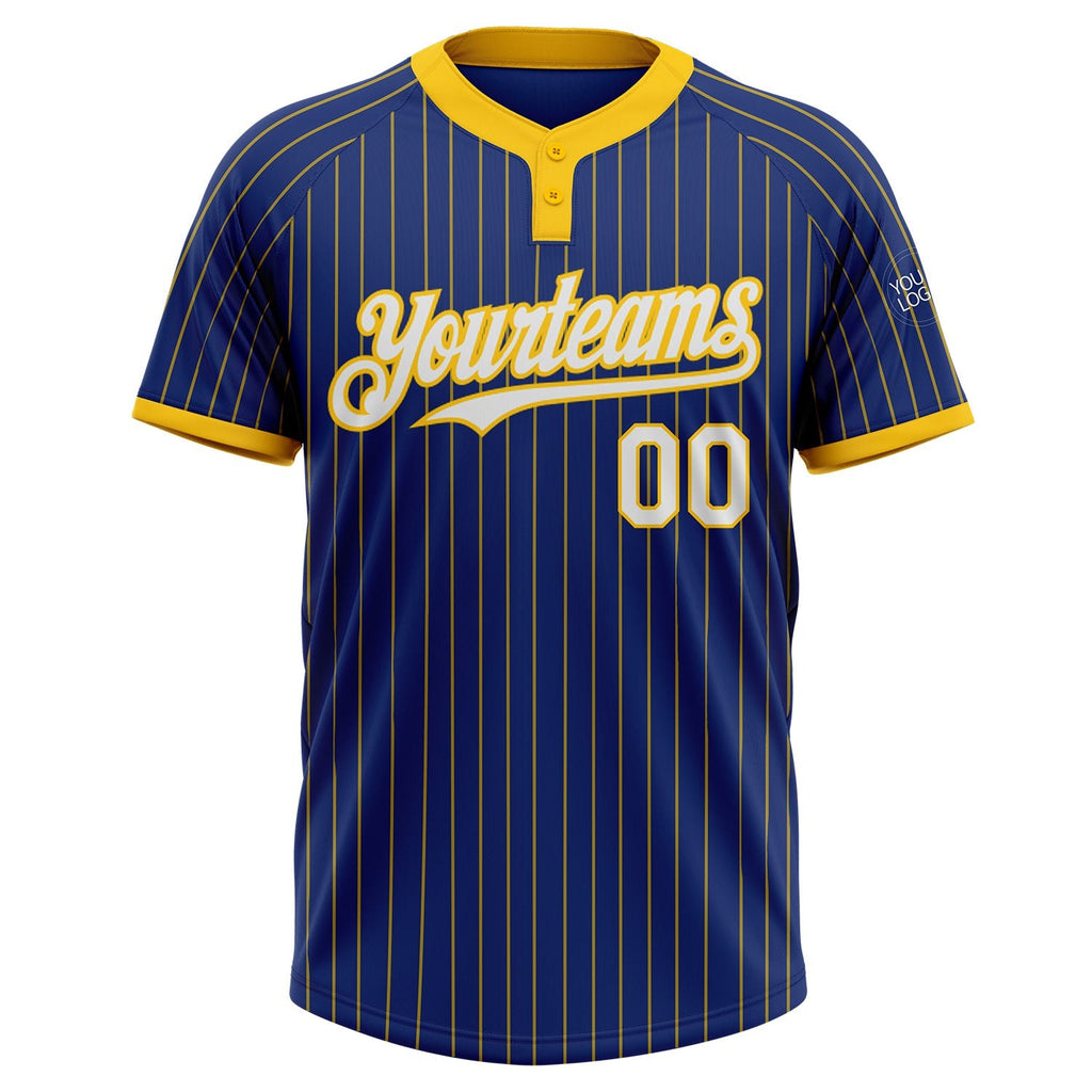 Custom Royal Yellow Pinstripe White Two-Button Unisex Softball Jersey photo 2