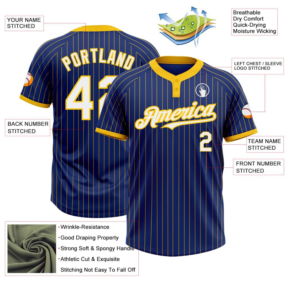 Custom Royal Yellow Pinstripe White Two-Button Unisex Softball Jersey photo 3