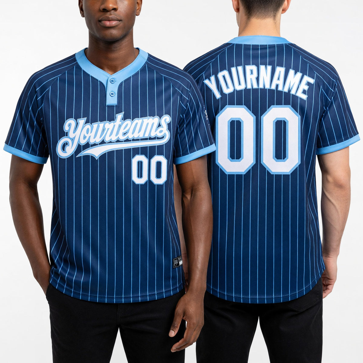 Custom Royal Light Blue Pinstripe White Two-Button Unisex Softball Jersey worn front and back