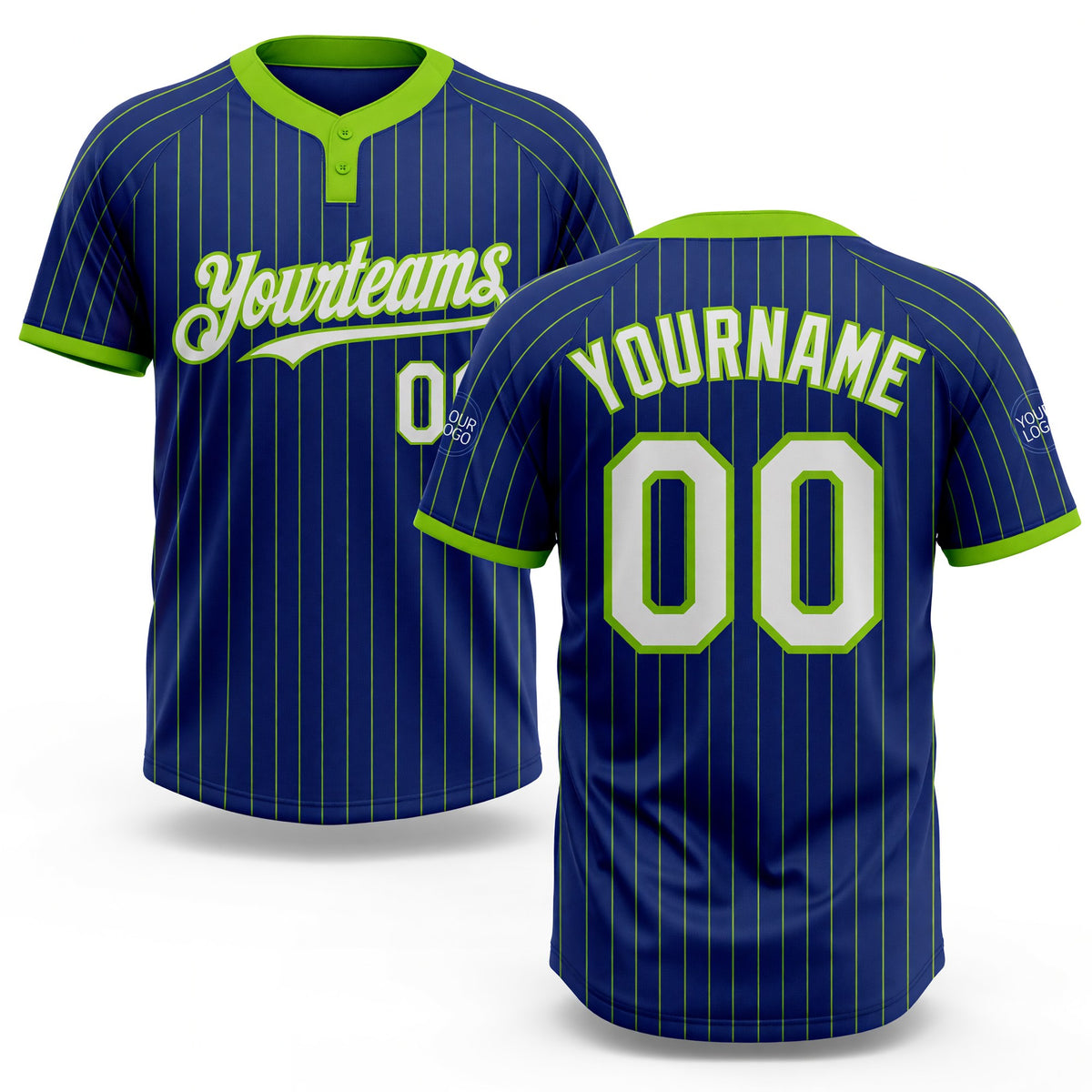 Custom Royal Neon Green Pinstripe White Two-Button Unisex Softball Jersey