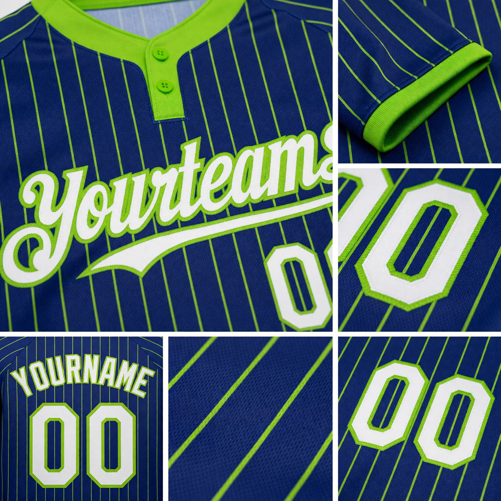 Custom Royal Neon Green Pinstripe White Two-Button Unisex Softball Jersey detail