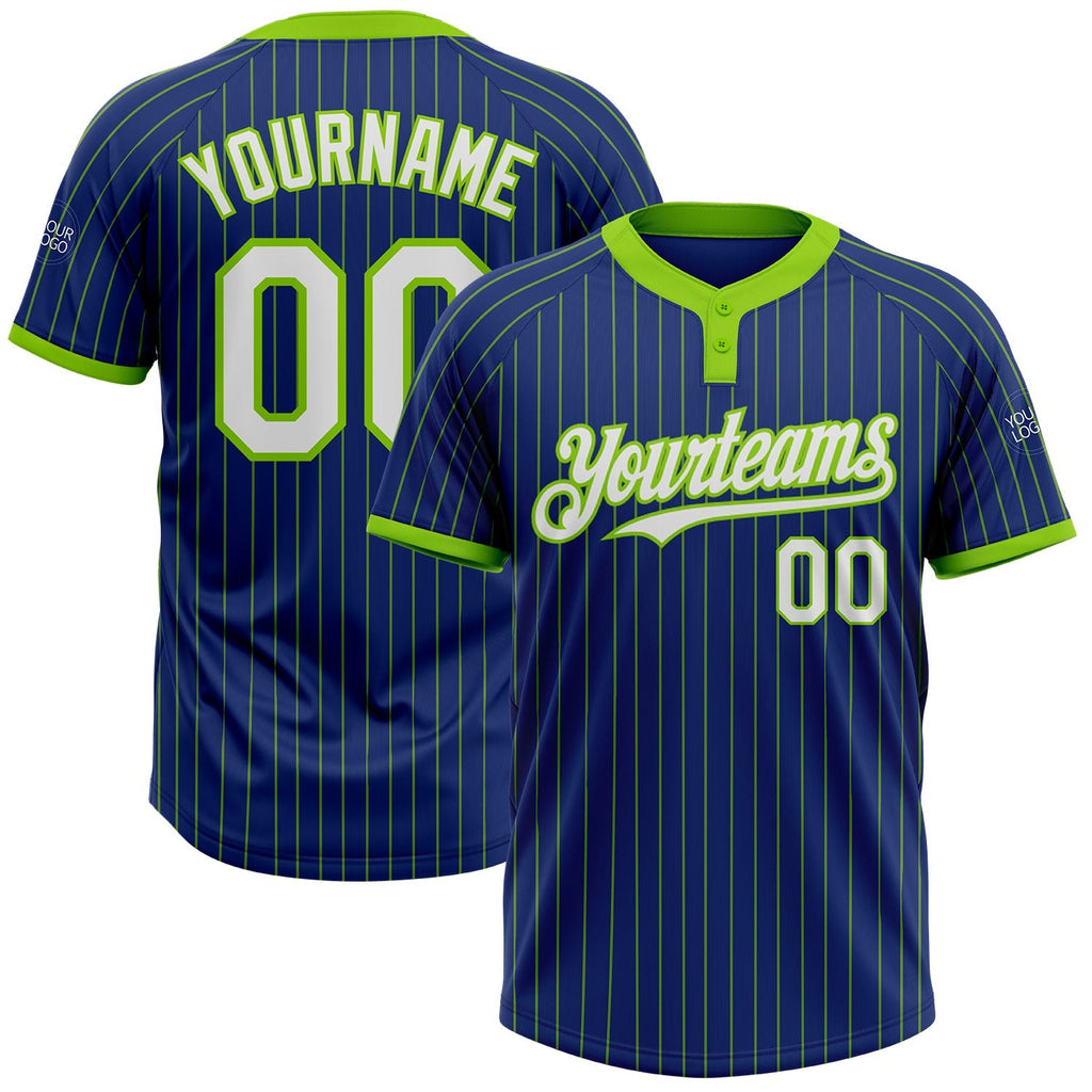 Custom Royal Neon Green Pinstripe White Two-Button Unisex Softball Jersey photo 1