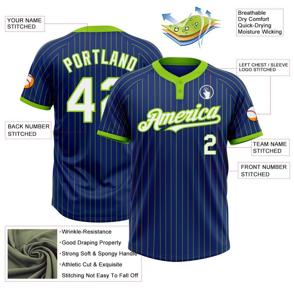 Custom Royal Neon Green Pinstripe White Two-Button Unisex Softball Jersey photo 3