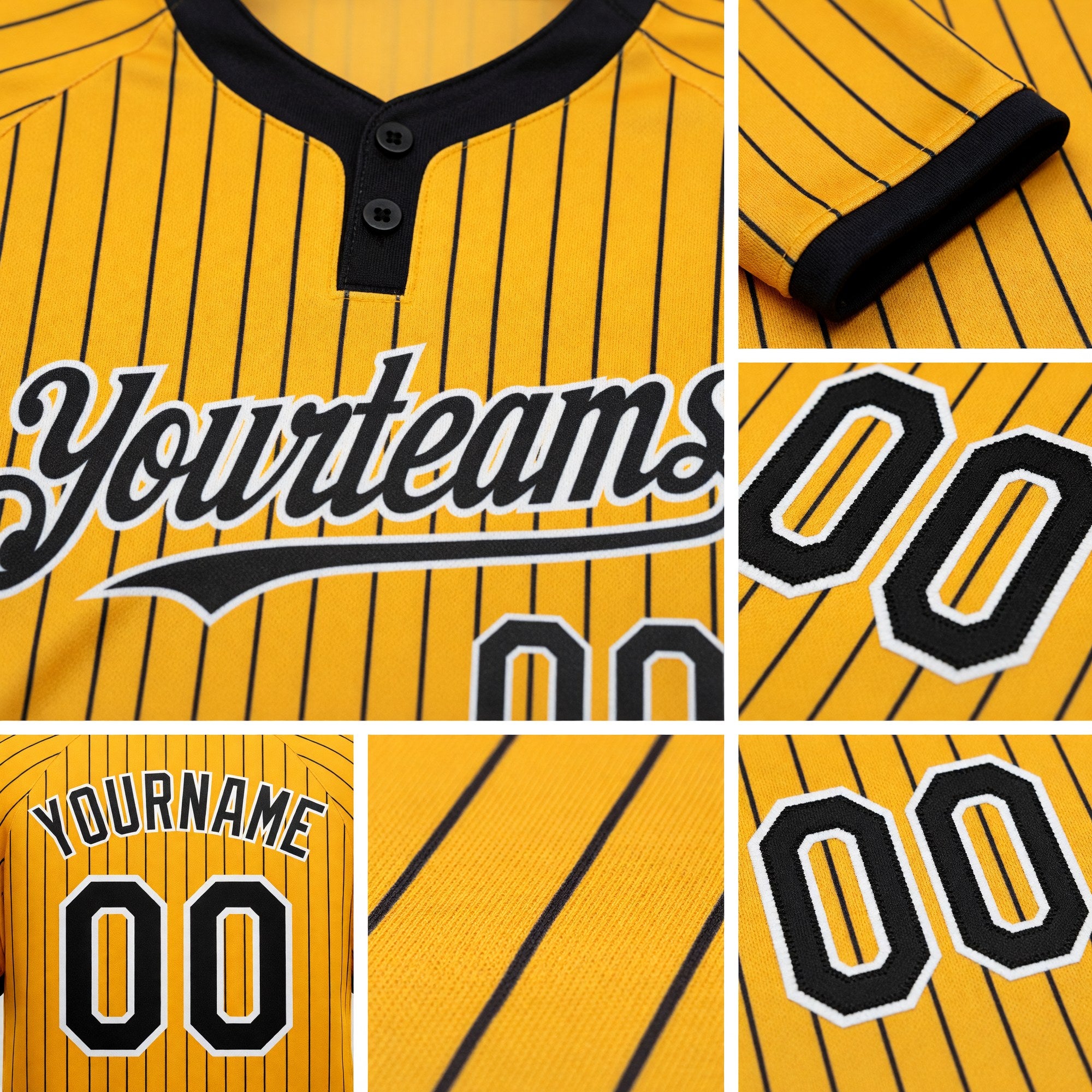 Custom Gold Black Pinstripe White Two-Button Unisex Softball Jersey detail